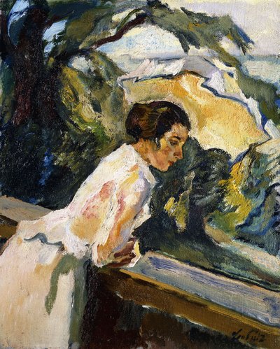 バルコニーに寄りかかった芸術家の妻フリーダ、c.1919-1922（キャンバスに油彩） 作： Leo Putz