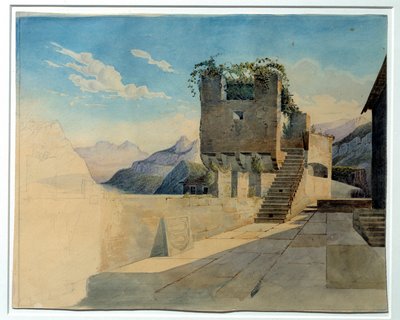 宿屋のテラス。レオ・フォン・クレンツェ（1784-1864）の絵 作： Leo von Klenze