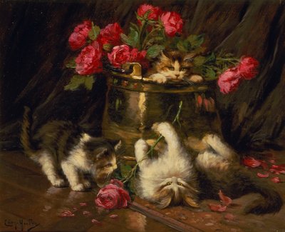 遊び心のある子猫 (キャンバスに油彩) 作： Leon Charles Huber