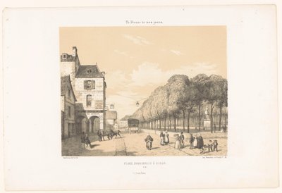 電車でディナンのゲスクラン広場へ Place Duguesclin à Dinan (オブジェクトのタイトル) 今日のフランス（シリーズタイトル） La France de nos jours (オブジェクトのシリーズ タイトル) 作： Leon Auguste Asselineau