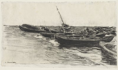 エトルタのビーチの漁船 作： Leon Augustin Lhermitte