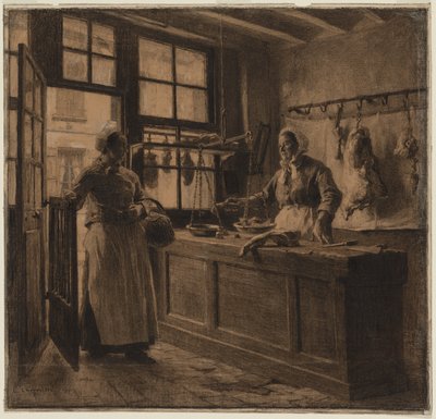 肉屋の店内、1881年頃（木炭と黒チョークを白チョークで強調したもの） 作： Leon Augustin Lhermitte