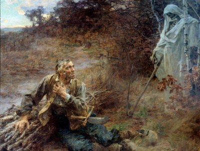 La mort et le woodman ジャン・ド・ラ・フォンテーヌ（1621-1695）の寓話のための挿絵 レオン・オーギュスタン・レルミット（1844-1925）の絵画 1893年 2.06 x 2.42 m Chateau Thierry, musee La Fontaine - 死と薪割り人。ジャン・ド・ラ・フォンテーヌの寓話の挿絵 作： Leon Augustin Lhermitte