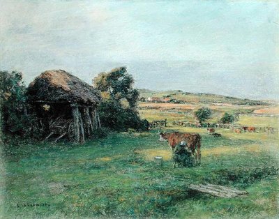 牛の乳搾りをする農民女性のいる風景」1880年代半ば（油彩・キャンバス） 作： Leon Augustin Lhermitte