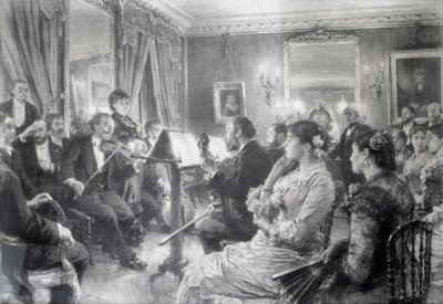 アマルリーデュバルの家でのカルテットまたは音楽の夕べ、1881年（紙に炭） 作： Leon Augustin Lhermitte