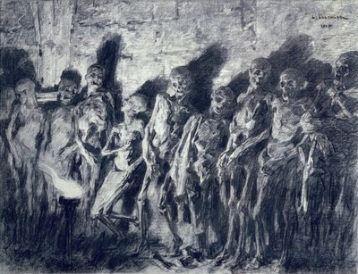 ミイラの金庫、または1885年ボルドーの聖ミカエルの塔からのスケルトン（紙に木炭） 作： Leon Augustin Lhermitte