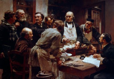 医師クロード・ベルナール（1813-1878）（エプロンをつけている）が弟子のポール・ベルト（1833-1886）とアルソンヴァルのアルセーヌ（1851-1940）を前にして行う解剖講習会 レオン・オーギュスタン・レルミット（1844-1925）画 19世紀 パリ、科学アカデミー内 作： Leon Augustin Lhermitte