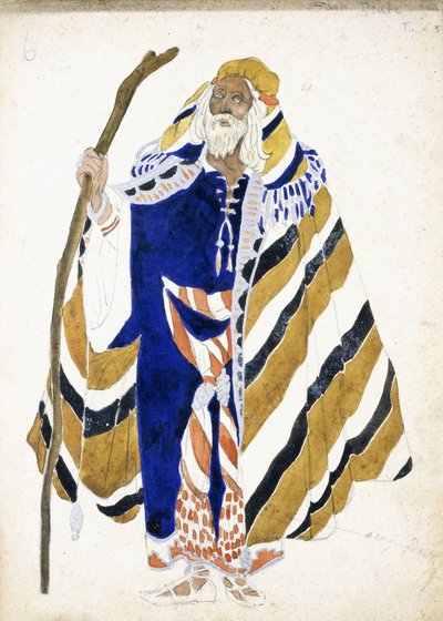 スイートアラブのダンサーのための衣装デザイン。スタッフを抱える老人が描かれ、 作： Leon Bakst