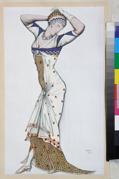 モダンなドレスのデザイン - レオン・バクストの作品 (1866-1924)、1910年頃のリトグラフ - (モダンなドレスのデザイン、レオン・バクストによるカラー・リトグラフ 作： Leon Bakst