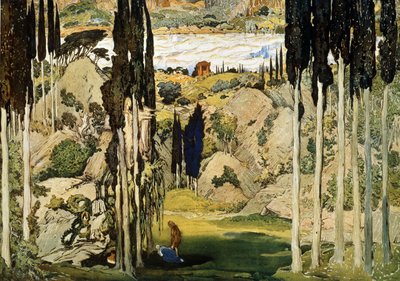 モーリス・ラヴェル（1875-1937）によるバレエ『ダフニスとクロエ』の舞台美術。レオン・バクスト（1866-1924）の絵画。紙に水彩とグワッシュ、74 x 103.5 cm 作： Leon Bakst