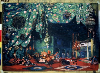 ニコライ・リムスキー・コルサコフ（リムスキー・コルサコフ）（1844-1908）による「千夜一夜物語の後」のバレエ「シェヘラザード」の舞台セット。 (N.Rimsky Korsakov (Rimsky-Korsakov) によるバレエ Sheherazade の舞台デザイン。Leon Bakst (1866-1) による描画)。 作： Leon Bakst