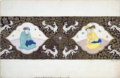 Bohuslav Martinu (1890-1959) によるバレエ「イシュタル」の準備装飾。 (B. マルティヌーによるバレエ イスターの舞台デザイン)。 葉と動物の装飾で東洋の服を着た 2 人のキャラクター。 レオン・バクスト (1866-1924) の作品、水彩画と 作： Leon Bakst