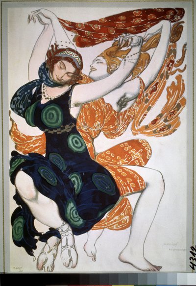 ニコライ・チェレプニン (Nicolas Tcherepnin) (1873-1945) によるバレエ「ナルシス」の衣装、2 つのベオティエンヌ (2 つのベオティエンヌ、N.Tcherepnin によるバレエ ナルシスの衣装デザイン)。 Leon Bakst (1866-1924) によるデッサン。 ペンに水彩、ガッシュ、ゴールド、シルバー 作： Leon Bakst
