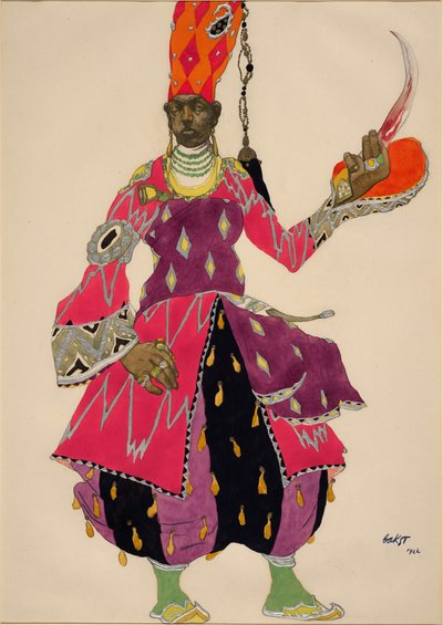 Eunuque "Eunuch" Nicolas (Nikolai) Rimski Korsakov (Rimski-Korsakov) 1922年のバレエ「シェヘラザード（Scheharazade）」の衣装（水彩画）。ニコラ（ニコライ）・リムスキー・コルサコフ（1844-1908）のバレエ「シェヘラザード（Scheharazade）」の衣装。 作： Leon Bakst