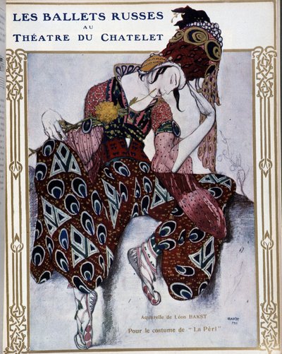 シャトレ劇場のロシア・バレエ団：「ラ・ペリ」の衣装 - バクストの水彩画、"Comoedia illustrated "に掲載されている。 作： Leon Bakst