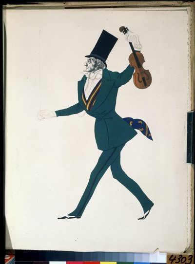 ニッコロ パガニーニ (1782-1840)、フレデリック ショパン (1810-1849) によるバレエ「魔法の夜」の衣装 (ニッコロ パガニーニ、F. ショパンのバレエ「魔法の夜」の衣装デザイン)。 Leon Bakst (1866-1924) によるデッサン。 紙にガッシュとインク 作： Leon Bakst