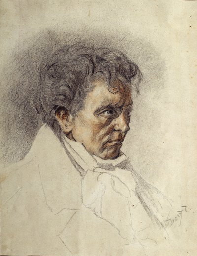 ルートヴィヒ・ヴァン・ベートーヴェン (1770-1827) の肖像 (Ludwig van Beethoven)。 レオン バクスト (1866-1924) の絵画。 紙に水彩とパステル、29.5 x 23.5 cm。 ロシアの芸術、19 世紀後半から 20 世紀初頭。 キルギス共和国国立美術館、ビシュケク (キルギス)。 作： Leon Bakst
