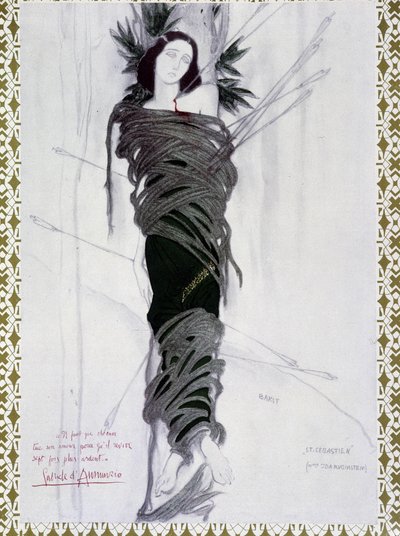 サン・セバスチャン - バクストの水彩画とダンヌンツィオのフレーズ（"Comoedia illustrated" にて 作： Leon Bakst
