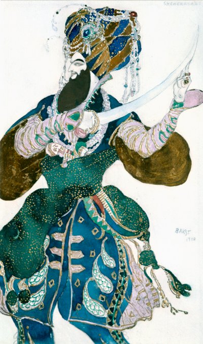 シャーのペルシャ、シェヘラザードのバレエラッセ制作の衣装デザイン、c1913。 作： Leon Bakst