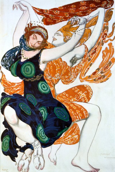 2つのBacchantes、Tcherepnins Narcisseのバレエラッセ制作の衣装デザイン、1911 作： Leon Bakst