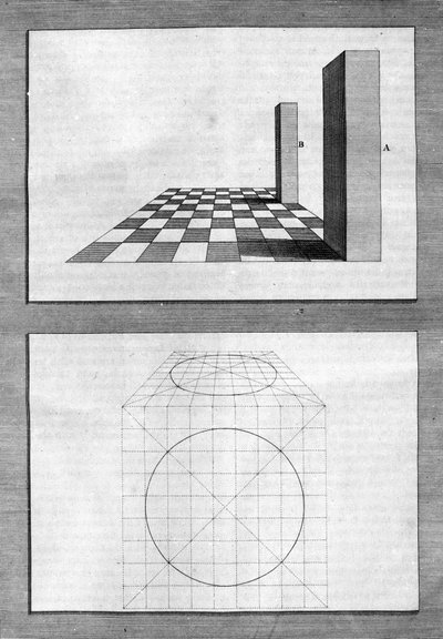 建築、遠近法、幾何学についての解説：建築家、数学者、ルネサンス期のイタリア人詩人、レオン・バッティスタ・アルベルティ（1404-1472）の「De Architectura Libri decem」から引用された板書（ロンドン 作： Leon Battista Alberti