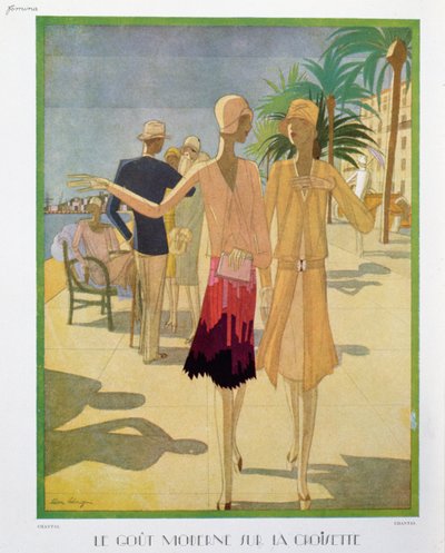 カンヌのクロワゼット プロムナードを散歩するファッショナブルな人々、「Femina」マガジンのイラスト、1927 年のクリスマス (カラー リソ) 作： Leon Benigni