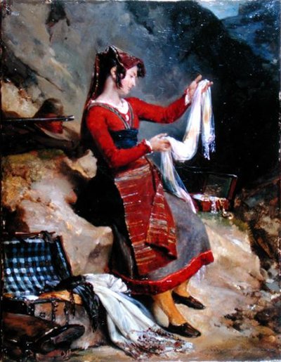 盗賊の妻が戦利品を調べる様子 作： Léon Cogniet