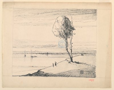 遠くにヨットが見える丘の中腹と木 作： Leon Dabo