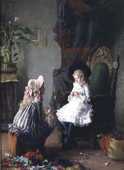 人形を着せる二人の少女 作： Leon Delachaux