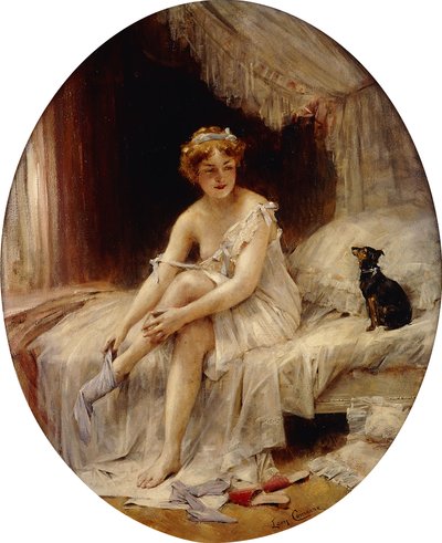 ストッキングを履くリトルウーマン。ストッキングを履く女 作： Leon Francois Comerre