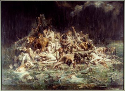 大洪水 天空の怒りの雨の流れの下で、人間や動物の体の群れが、ある者はすでに溺れ、ある者は苦悩を叫ぶ。レオン・コメール（1850-1916）による絵画 1911年 日。3,45x4,48 m ナント、ボザール美術館（Musee des Beaux Arts 作： Leon Francois Comerre