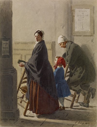 教会での祈りの男、女と女、1864年（紙とトイレットペーパー） 作： Leon Henri Antoine Loire