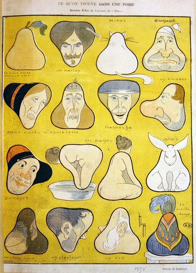 梨の形の中に見つけられる顔、人間、動物をユーモラスに描く 作： Leon Lebegue