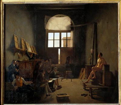 1814年、四国の大学（現在のフランス学士院）にあったダヴィッドのアトリエの内部。マチュー・コシェロー（1793-1817）の絵画 作： Leon Mathieu Cochereau