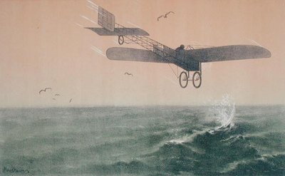 1909年7月25日に飛行機で英仏海峡を初めて横断したルイ・ブレリオ（1872-1936）、1910年頃（カラーリトグラフ） 作： Leon Pousthomis