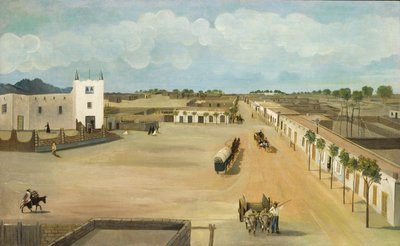 古いメシラ プラザ、カリフォルニア州。 1885-1886。 作： Leon Trousset