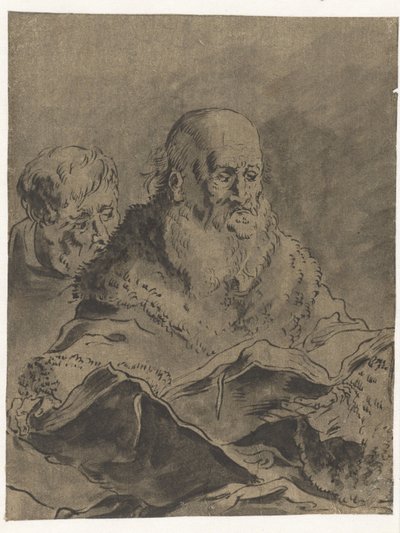 2冊の開いた本を持つ毛皮のコートのひげを生やした男 作： Leonaert Bramer