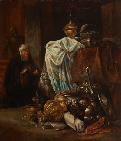 オリエンタリアと金属の器のある静物 作： Leonaert Bramer