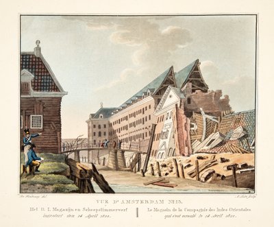 Vue d&39;Amsterdam No. 13。 OI倉庫と造船所のヤードは、1822年4月14日に倒壊しました。 作： Leonard Alexis Dalige de Fontenay