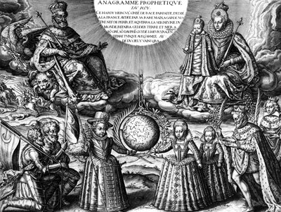 1607年のフランス王室（宣伝）：フランス王アンリ4世と王妃マリー・ド・メディシスが娘のクリスティーヌを抱いている様子、下：他の子供たち（後のルイ13世、エリザベート、アンリエット=マリー）。右側：王に続く病人 作： Leonard Gaultier