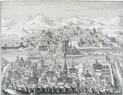 1607年、レオナール・ゴルチエの版画をもとに描かれた「パリの遠近法による全景」。 作： Leonard Gaultier