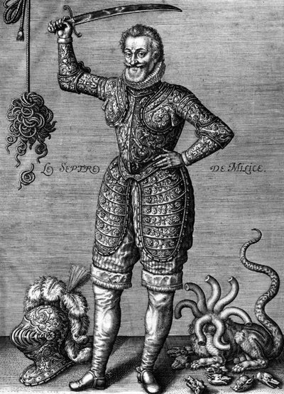アンリ4世 (1553-1610) 1589-1610年のフランス王、悪を正すために鎧を着て剣を持っている、レオナルド・ゴルチエの版画 作： Leonard Gaultier