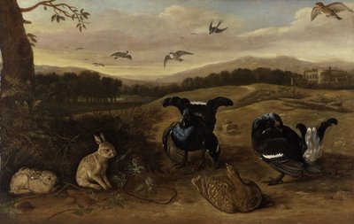 黒のゲーム、公園でのウサギとツバメ、1700年頃（キャンバスに油彩） 作： Leonard Knyff