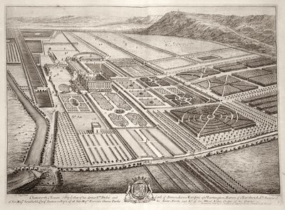 チャッツワースハウス、ウィリアムキャベンディッシュ（1640-1707）の議席、デボンシャー1世公爵、ヨハネスキップ（c.1652-1722）によって彫刻 作： Leonard Knyff