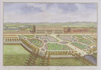 ハンプトンコートの王宮、ヨハネスキップ（c.1652-1722）によって彫刻された「ロンドンの調査」から、1730（色の彫刻） 作： Leonard Knyff