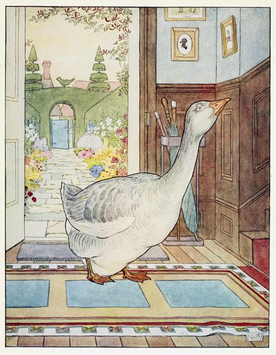 A Nursery Rhyme Picture Book』より「Goosey, Goosey Gander, Where Shall I Wander?1914年（カラーリトグラフ版 作： Leonard Leslie Brooke