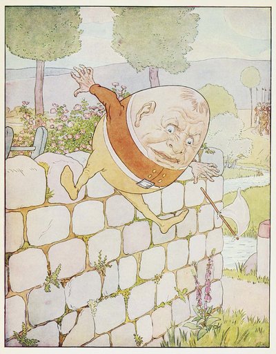 Humpty Dumpty had a great fall, from A Nursery Rhyme Picture Book, pub.1914年（カラーリトグラフ）。 作： Leonard Leslie Brooke