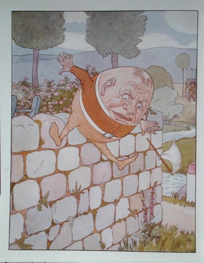 ロンドンで出版されたLewis Carroll(1832-98)の「Alice Throught the Looking-Glass」の挿絵「Humpty Dumpty」。 作： Leonard Leslie Brooke