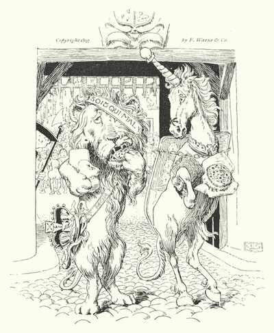 ライオンとユニコーンが王冠をめぐって争っていた（彫刻 作： Leonard Leslie Brooke