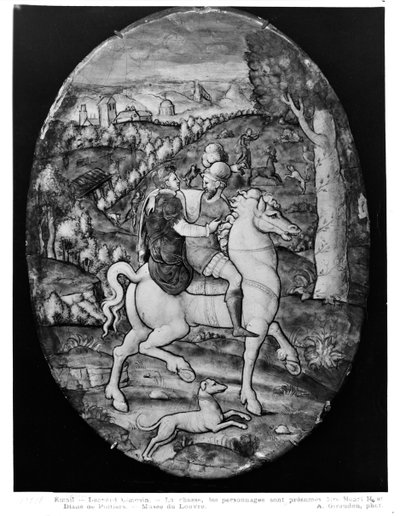 狩猟、肖像画はアンリ2世（1519-59）とダイアンドポワティエ（1499-1566）（エナメル）と推定 作： Leonard Limosin